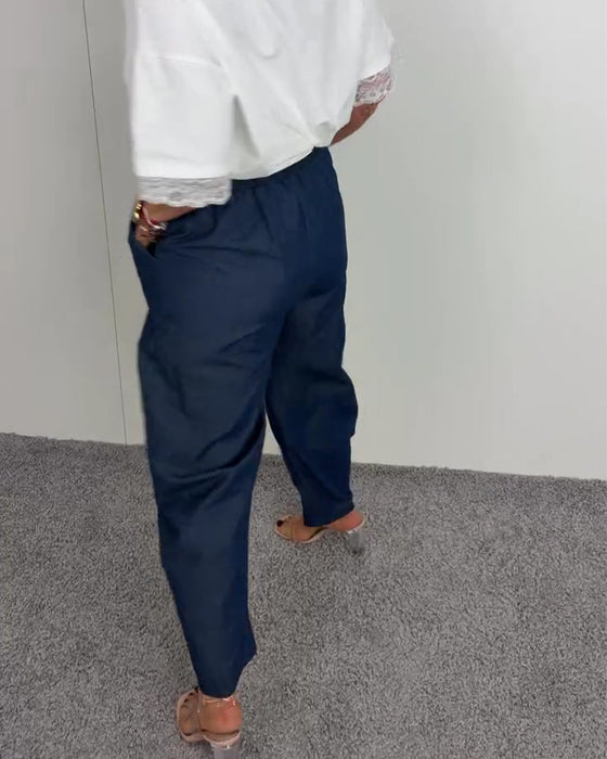 Pantalon Élégant Poche Denim Long