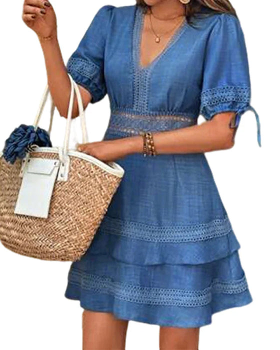 Robe Col V Superposée Unie Dentelle Patchwork