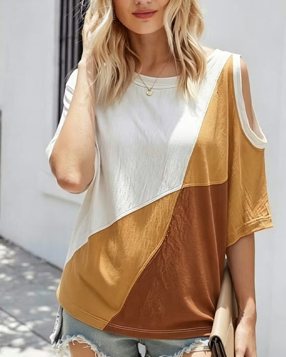 T-Shirt Bloc De Couleur Hors Épaule Lâche