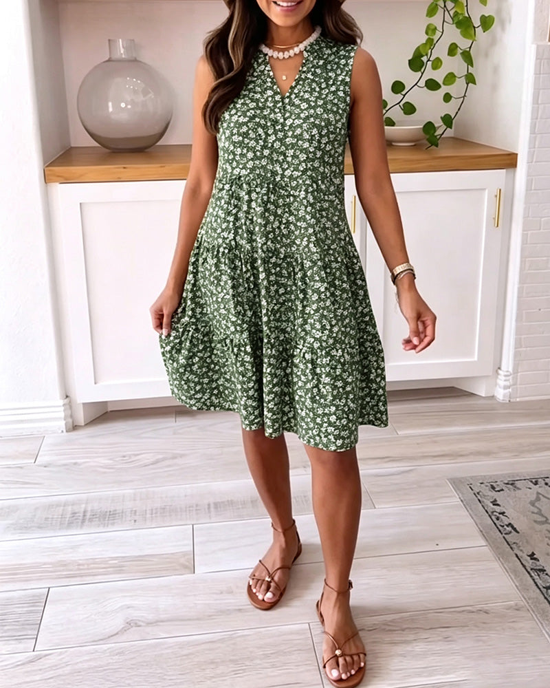 Robe Col-V Sans Manches Florale A-Ligne