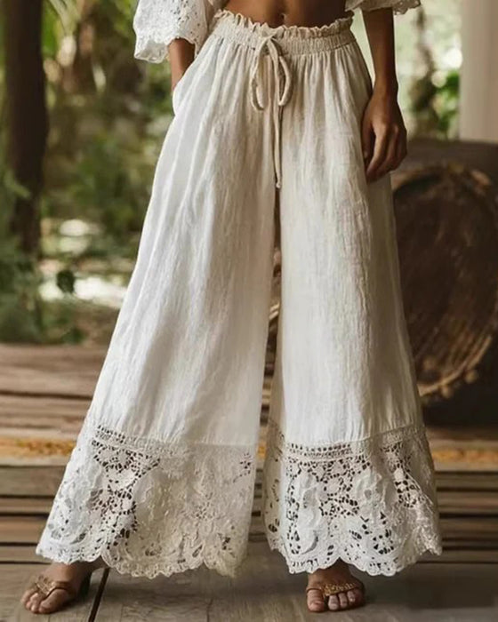 Pantalon Taille Élastique Cordon De Serrage Dentelle Patchwork Large Jambe