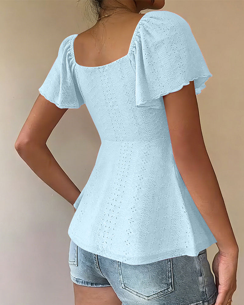 Blouse Ajourée Cordon Manches Courtes Unie