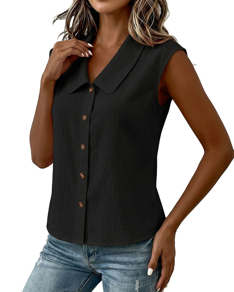 Chemise Sans Manches Col En Lin-Coton