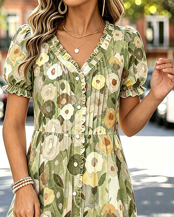 Robe Col V Bouton Manche Bouffante