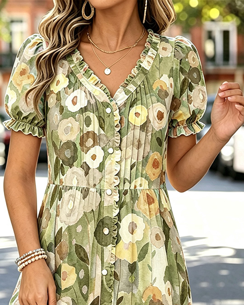Robe Col V Bouton Manche Bouffante
