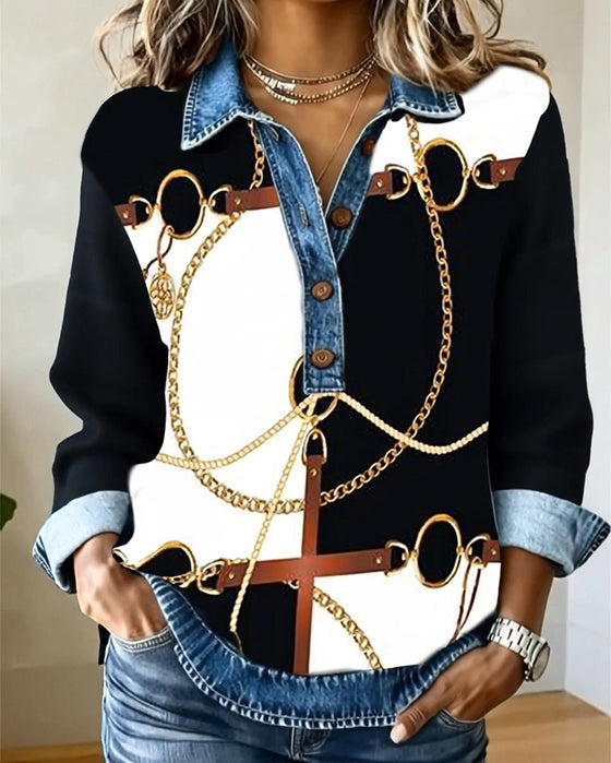 Sweat Denim Patchwork Impression Chaîne