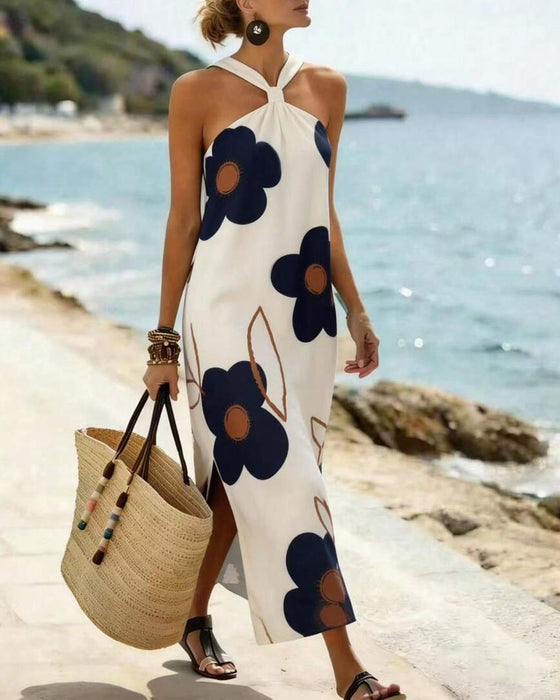 Robe Croisé Halter Fleuri Fente Maxi