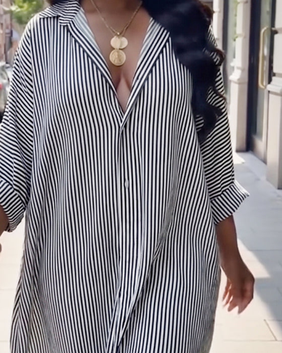 Robe Manches Longues Revers Lâche Rayée Chemise