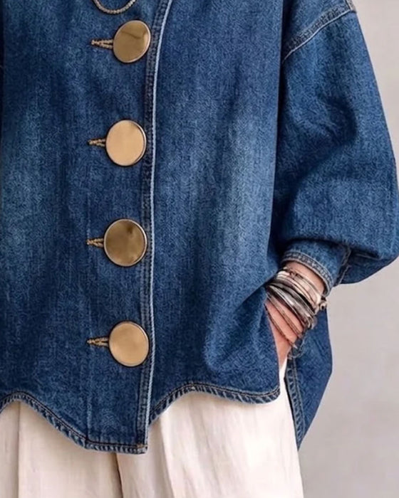 Manteau Revers Boutonné Manche Bouffante Denim