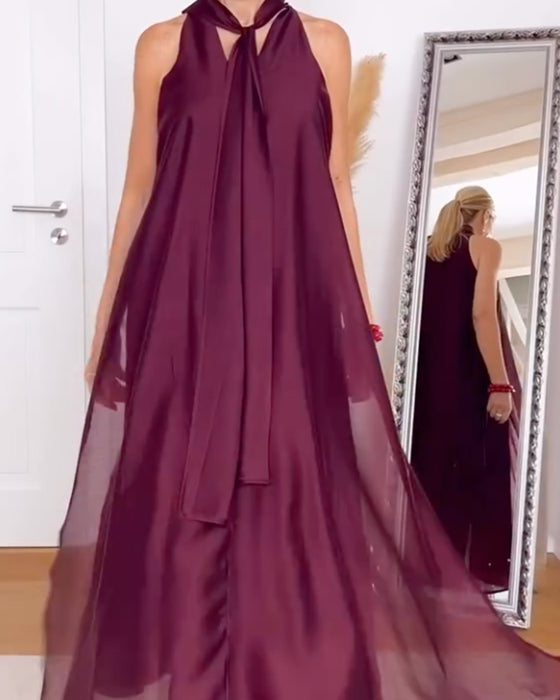 Robe Col Claudine Maxi Jupe Unie Léger Chiffon