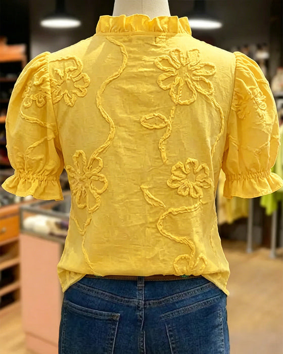 Blouse Col En V Bordure Volantée Manche Bouffante