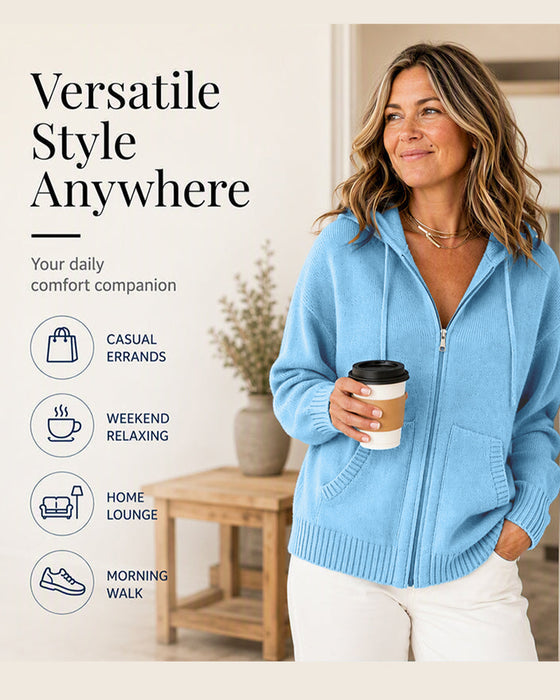 Cardigan Unie Capuche Fermeture Éclair
