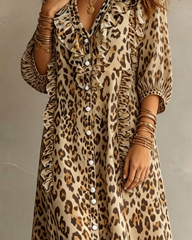 Robe Imprimé Léopard Ourlet Volanté Maxi