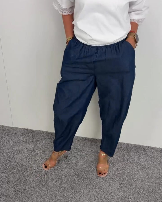 Pantalon Élégant Poche Denim Long