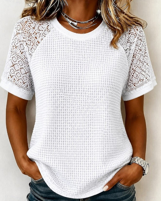 T-Shirts Col Rond Gaufrette Dentelle Patchwork