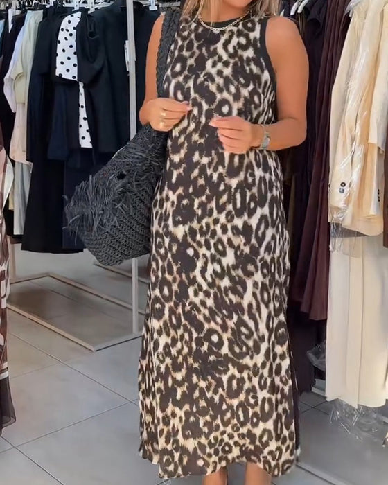 Robe Col Rond Léopard Sans Manches Maxi