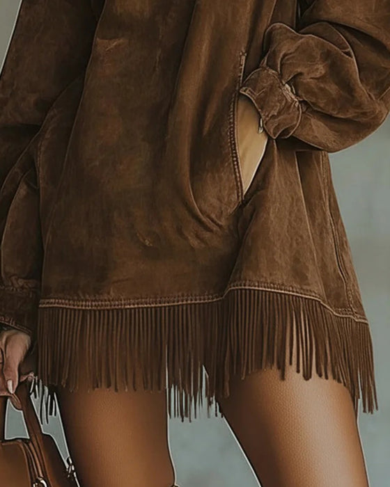 Robe Col Roulé Franges Poche