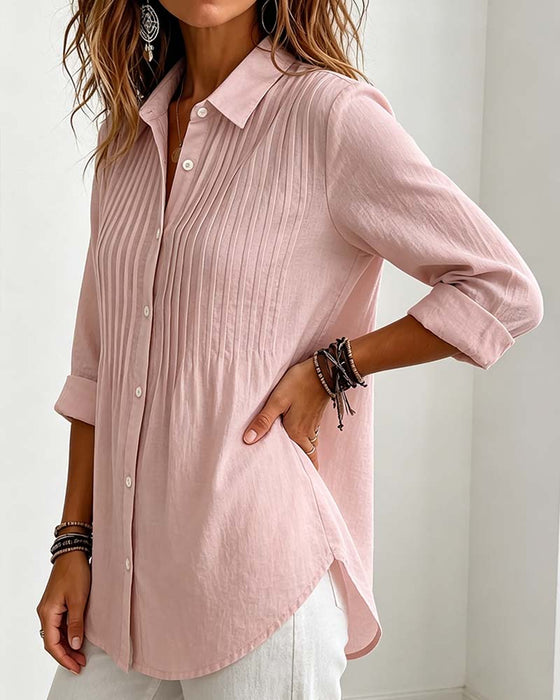 Chemise Col V Plissée Boutons Manches Longues