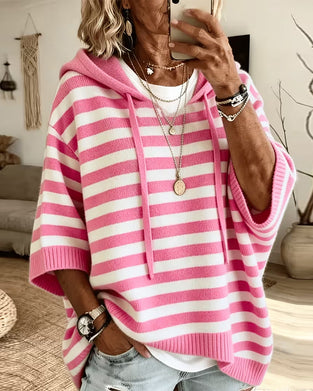 Pullover Rayure Capuche Lâche Manche Trois Quarts