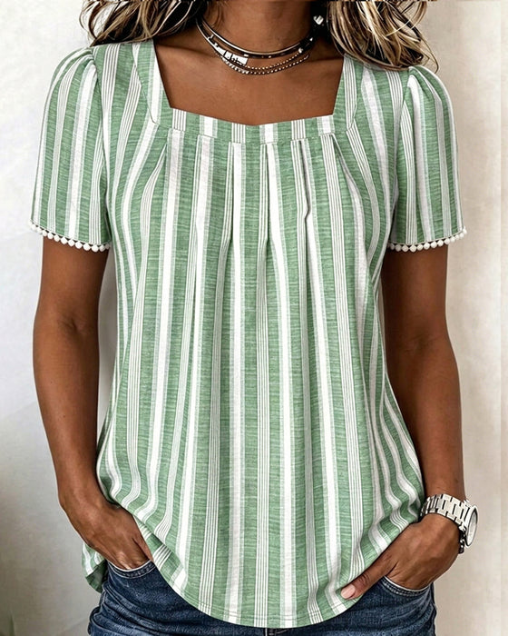 Blouse Rayée Col Carré Manches Courtes