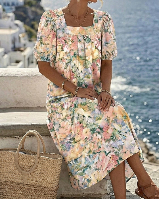 Robe Imprimée Col Carré Manche Bouffante