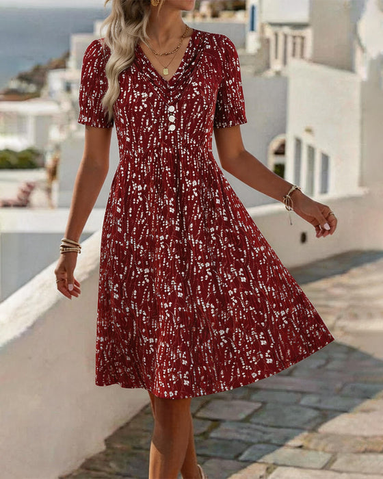 Robe Florale Froncée Col V