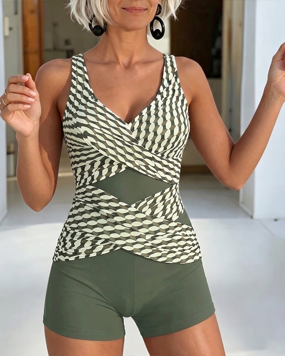 Tankini Imprimé Géométrique Design Entrecroisé