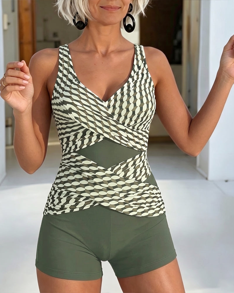 Tankini Imprimé Géométrique Design Entrecroisé