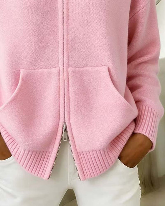 Cardigan Revers Fermeture Éclair Uni