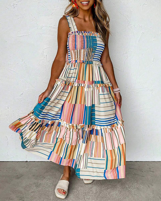 Robe Bretelles Rayée Bloc De Couleur Superposée