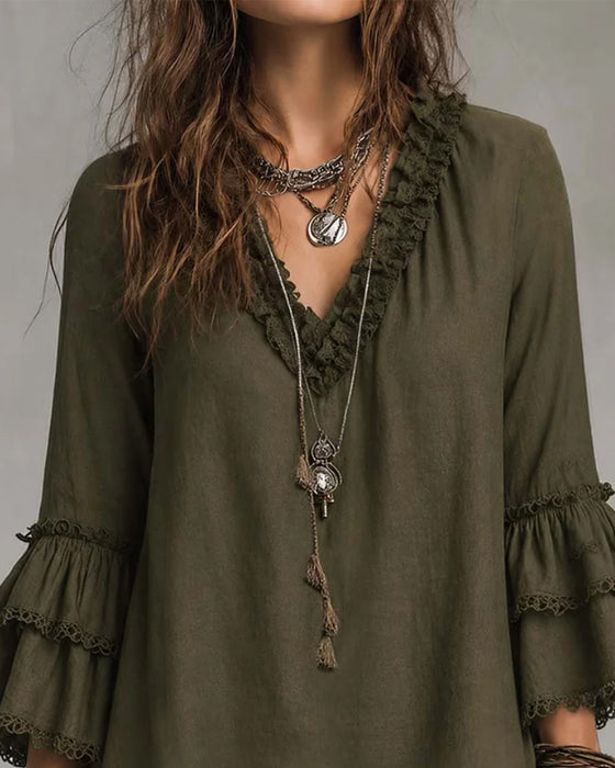 Blouse Col En V Manche Deux Niveaux Volant