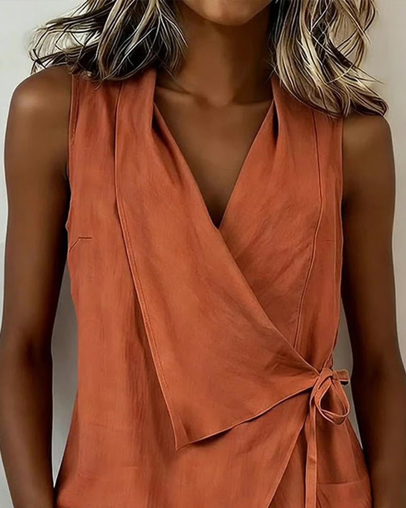 Débardeur Croisé Attache Coton-Lin Uni