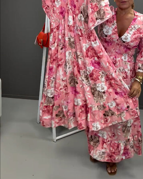 Robe Col V Profond Double Couche Volant Florale