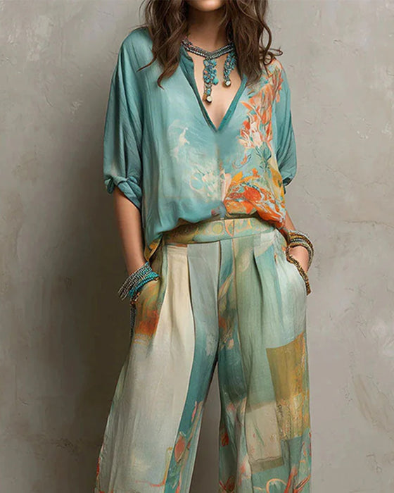 Ensemble Col V Chemisier Fleuri + Pantalon Jambe Droite