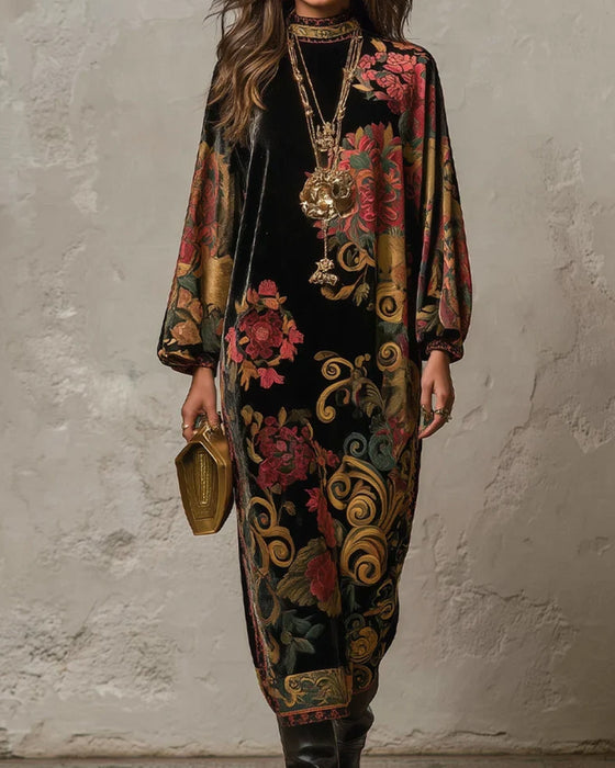 Robe Mock-Neck Floral Velvet Manches Longues Maxi