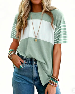 T-Shirt Pull-Over Rayé Bloc De Couleur Manches Courtes