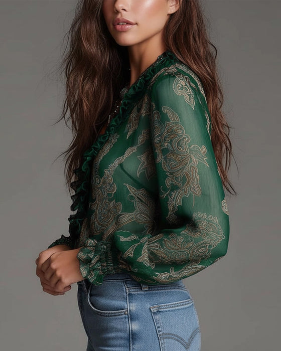 Blouse Demi-Zip Volant Rétro