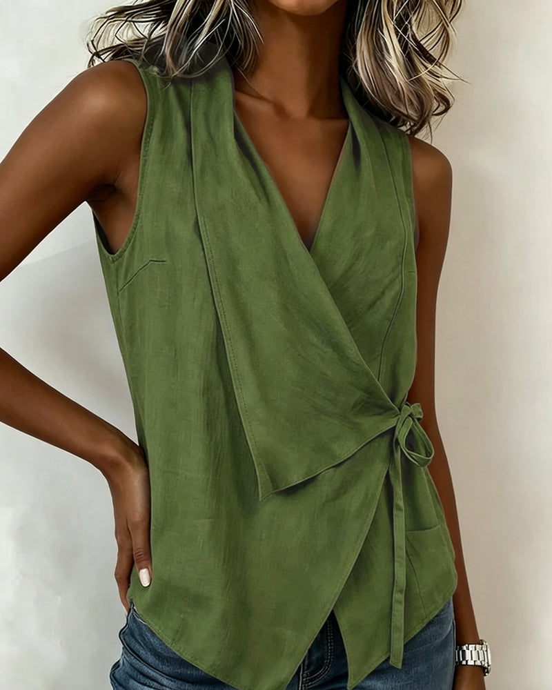 Débardeur Croisé Attache Coton-Lin Uni