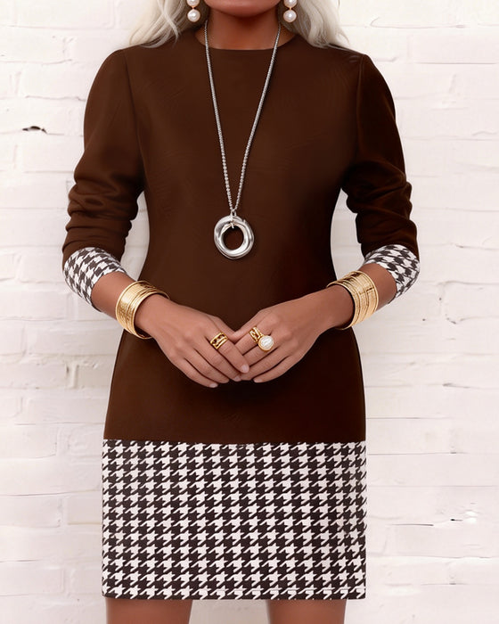 Robe Pied-de-poule Panneaux Manches Longues