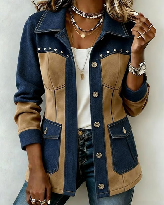 Manteau Capuche Fermeture Éclair Poche Denim Panneau