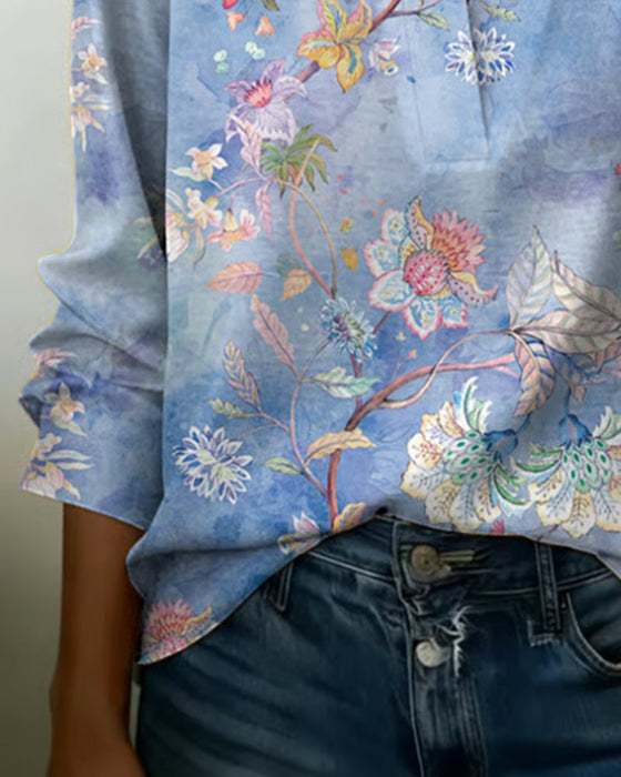 Blouse Col Monté Manches Longues Fleuri