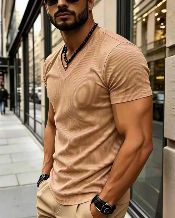 T-Shirt Col En V Côtelé Unie Homme