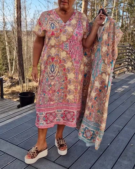 Robe Col En V Manches Courtes Imprimée Droite