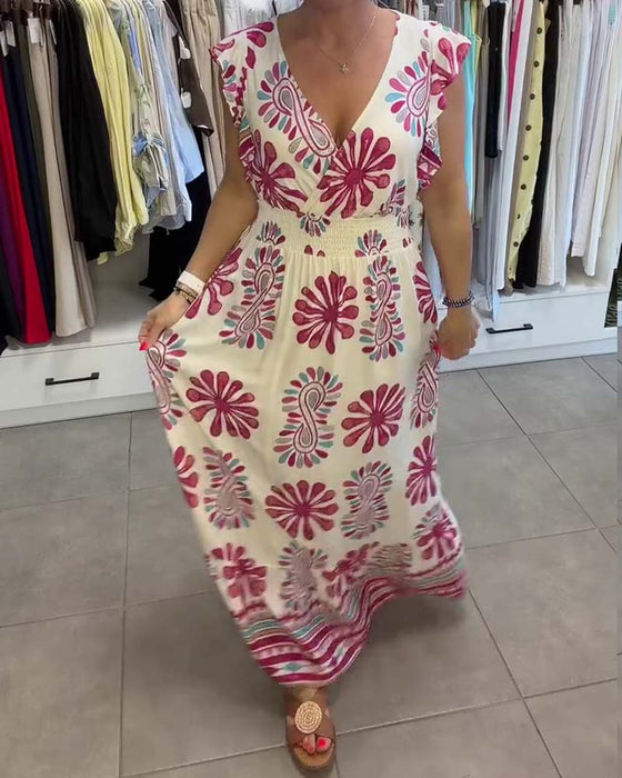 Robe Floral Taille-Serrée Manche-Volant Vacances Maxi