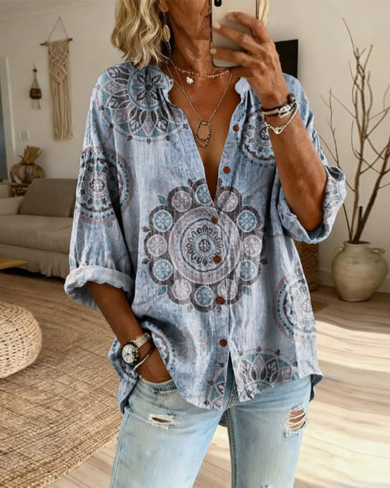 Chemise Motif Mandala Épaule Descendue Manche