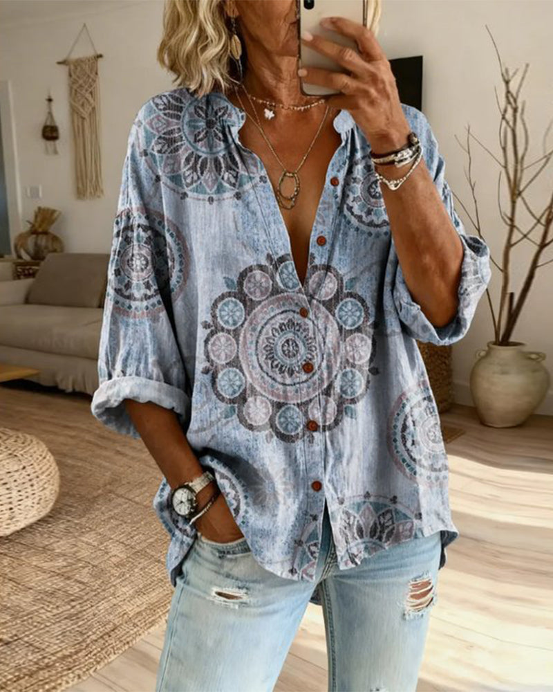 Chemise Motif Mandala Épaule Descendue Manche