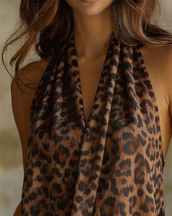 Blouse Col V Halter Léopard Sans Manches