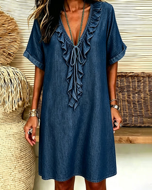 Robe Col V Denim Volant