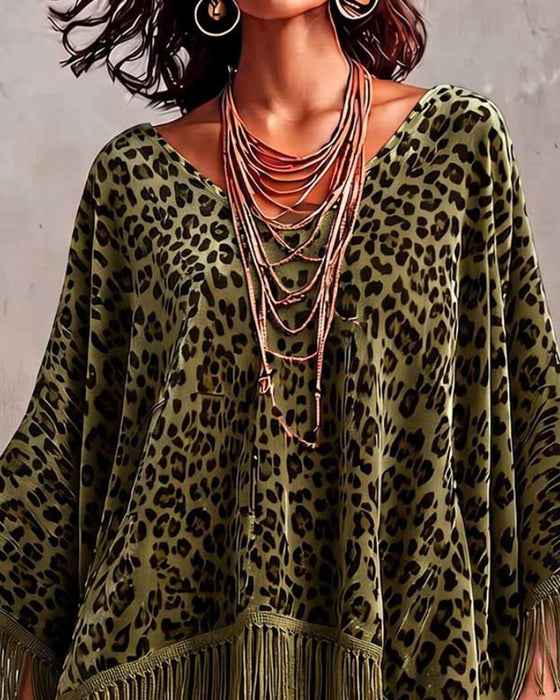 Blouse Manche Chauve-Souris Franges Imprimé Léopard Ample Velours