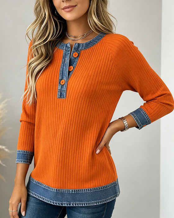 Haut Boutons Col Rond Emmanchure Denim Patchwork